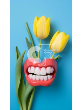 Σετ των 2 Intra Συλλεκτικό Ξύλινο Παζλ Plywood  4mm - Κίτρινες τουλίπες σε σχήμα ανοιχτού στόματος σε μπλε φόντο Σε Ξύλινο Κουτί - Διαστάσεις: 10x10 cm – 25 κομμάτια