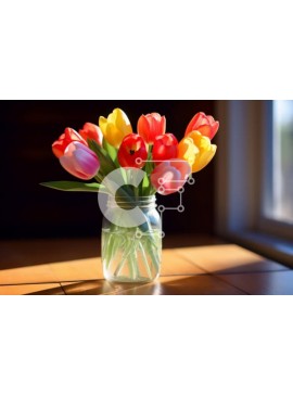 Intra Συλλεκτικό Ξύλινο Παζλ Plywood  4mm - Πολύχρωμες τουλίπες σε γυάλινο βάζο Σε Ξύλινο Κουτί - Διαστάσεις: 10x10 cm – 25 κομμάτια