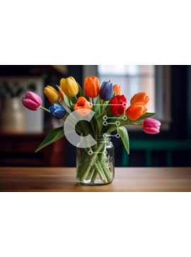 Intra Συλλεκτικό Ξύλινο Παζλ Plywood  4mm - Πολύχρωμες τουλίπες σε βάζο Mason Σε Ξύλινο Κουτί - Διαστάσεις: 10x10 cm – 25 κομμάτια