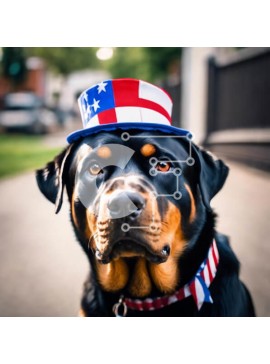 Intra Συλλεκτικό Ξύλινο Παζλ Plywood  4mm - Μαύρο και καφέ σκυλί ροτβάιλερ με καπέλο αμερικανικής σημαίας Σε Ξύλινο Κουτί - Διαστάσεις: 10x10 cm – 25 κομμάτια