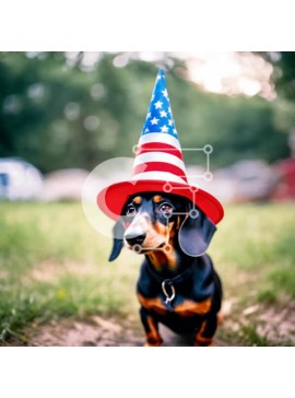 Intra Συλλεκτικό Ξύλινο Παζλ Plywood  4mm - Σκύλος Dachshund με καπέλο σε σχήμα αμερικανικής σημαίας Σε Ξύλινο Κουτί - Διαστάσεις: 10x10 cm – 25 κομμάτια