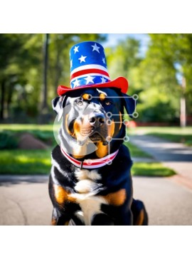 Intra Συλλεκτικό Ξύλινο Παζλ Plywood  4mm - Σκύλος με καπέλο με θέμα την αμερικανική σημαία κάθεται σε εξωτερικούς χώρους Σε Ξύλινο Κουτί - Διαστάσεις: 10x10 cm – 25 κομμάτια