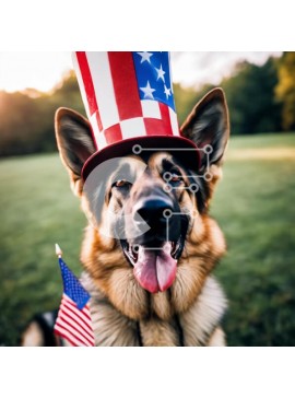 Intra Συλλεκτικό Ξύλινο Παζλ Plywood  4mm - German Shepherd Dog που γιορτάζει την 4η Ιουλίου με καπέλο αμερικανικής σημαίας Σε Ξύλινο Κουτί - Διαστάσεις: 10x10 cm – 25 κομμάτια