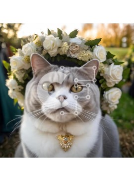 Intra Συλλεκτικό Ξύλινο Παζλ Plywood  4mm - Γκρι και άσπρη γάτα με στεφάνι λουλουδιών στο γρασίδι Σε Ξύλινο Κουτί - Διαστάσεις: 10x10 cm – 25 κομμάτια