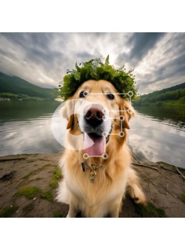 Intra Συλλεκτικό Ξύλινο Παζλ Plywood  4mm - Σκύλος Golden Retriever με διακοσμητικό στεφάνι δίπλα στη λίμνη Σε Ξύλινο Κουτί - Διαστάσεις: 10x10 cm – 25 κομμάτια