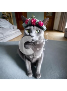 Intra Συλλεκτικό Ξύλινο Παζλ Plywood  4mm - Γκρίζα γάτα που φοράει κορώνα λουλουδιών που κάθεται στο χαλί Σε Ξύλινο Κουτί - Διαστάσεις: 10x10 cm – 25 κομμάτια