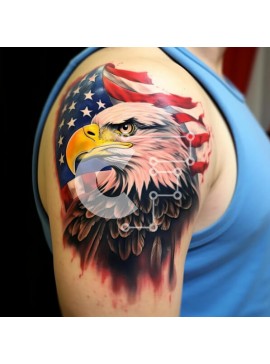 Intra Συλλεκτικό Ξύλινο Παζλ Plywood  4mm - Άνδρας με τατουάζ αετού με αμερικανική σημαία στον ώμο Σε Ξύλινο Κουτί - Διαστάσεις Puzzle: 10x10 cm – 25 κομμάτια