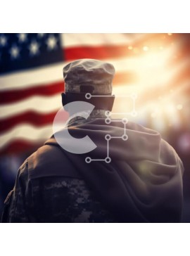 Intra Συλλεκτικό Ξύλινο Παζλ Plywood  4mm - Στρατιωτικός άνδρας με στολή που στέκεται μπροστά από την αμερικανική σημαία Σε Ξύλινο Κουτί - Διαστάσεις Puzzle: 10x10 cm – 25 κομμάτια