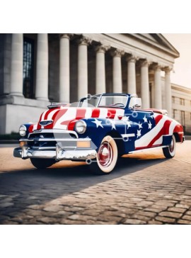 Intra Συλλεκτικό Ξύλινο Παζλ Plywood  4mm - Vintage αυτοκίνητο με πατριωτικό θέμα παρκαρισμένο μπροστά από ένα κτίριο Σε Ξύλινο Κουτί - Διαστάσεις Puzzle: 10x10 cm – 25 κομμάτια