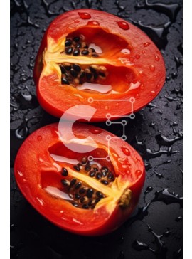 Σετ των 2 Intra Συλλεκτικό Ξύλινο Παζλ Plywood  4mm - Φρέσκες κόκκινες παπάγιας μισές σε μαύρη επιφάνεια με σταγόνες νερού Σε Ξύλινο Κουτί - Διαστάσεις: 10x10 cm – 25 κομμάτια