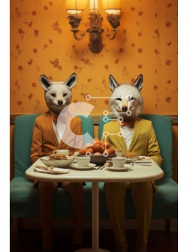 Intra Συλλεκτικό Ξύλινο Παζλ Plywood  4mm - Δύο άνδρες που φορούν μάσκες αλεπούς κάθονται σε ένα τραπέζι Σε Ξύλινο Κουτί - Διαστάσεις Puzzle: 10x10 cm – 25 κομμάτια