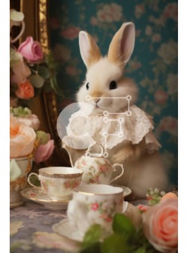 Σετ των 2 Intra Συλλεκτικό Ξύλινο Παζλ Plywood  4mm - Κομψό λευκό κουνελάκι σε ένα πάρτι για τσάι με φλιτζάνια και πιατάκια Σε Ξύλινο Κουτί - Διαστάσεις: 10x10 cm – 25 κομμάτια