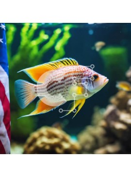 Intra Συλλεκτικό Ξύλινο Παζλ Plywood  4mm - Πολύχρωμα ψάρια που κολυμπούν στο ενυδρείο με αμερικανική σημαία Σε Ξύλινο Κουτί - Διαστάσεις: 10x10 cm – 25 κομμάτια