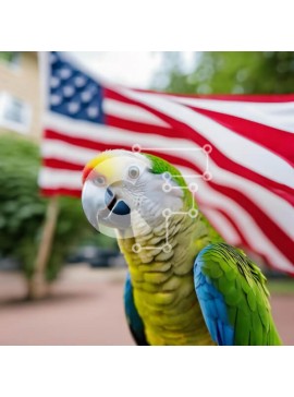 Intra Συλλεκτικό Ξύλινο Παζλ Plywood  4mm - Πράσινος και κίτρινος παπαγάλος που στέκεται μπροστά από την αμερικανική σημαία Σε Ξύλινο Κουτί - Διαστάσεις: 10x10 cm – 25 κομμάτια
