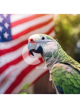 Intra Συλλεκτικό Ξύλινο Παζλ Plywood  4mm - Πράσινος παπαγάλος που στέκεται μπροστά από την αμερικανική σημαία Σε Ξύλινο Κουτί - Διαστάσεις: 10x10 cm – 25 κομμάτια