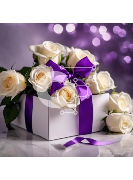 Σετ των 2 Intra Συλλεκτικό Ξύλινο Παζλ Plywood  4mm - Λευκά τριαντάφυλλα σε κουτί με μωβ κορδέλα Σε Ξύλινο Κουτί - Διαστάσεις: 10x10 cm – 25 κομμάτια