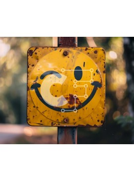 Intra Συλλεκτικό Ξύλινο Παζλ Plywood  4mm - Κίτρινο Smiley Face σημάδι στο σκουριασμένο στύλο της οδού Σε Ξύλινο Κουτί - Διαστάσεις Puzzle: 10x10 cm – 25 κομμάτια