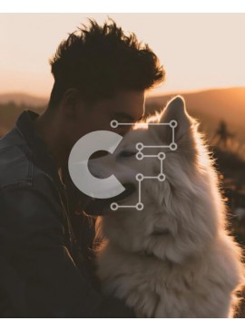 Intra Συλλεκτικό Ξύλινο Παζλ Plywood  4mm - Άνδρας που αγκαλιάζει το λευκό σκυλί στο ηλιοβασίλεμα Σε Ξύλινο Κουτί - Διαστάσεις Puzzle: 10x10 cm – 25 κομμάτια