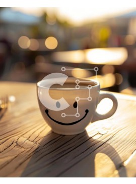 Σετ των 2 Intra Συλλεκτικό Ξύλινο Παζλ Plywood  4mm - Λευκό φλιτζάνι καφέ με πορτοκαλί χαμογελαστό πρόσωπο σε ξύλινο τραπέζι Σε Ξύλινο Κουτί - Διαστάσεις: 10x10 cm – 25 κομμάτια