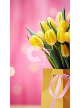 Σετ των 2 Intra Συλλεκτικό Ξύλινο Παζλ Plywood  4mm - Κίτρινες τουλίπες σε καφέ χάρτινη τσάντα Σε Ξύλινο Κουτί - Διαστάσεις: 10x10 cm – 25 κομμάτια