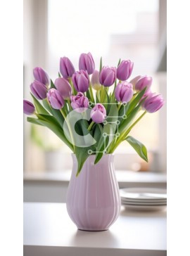 Σετ των 2 Intra Συλλεκτικό Ξύλινο Παζλ Plywood  4mm - Μωβ τουλίπες σε ροζ βάζο στο τραπέζι Σε Ξύλινο Κουτί - Διαστάσεις: 10x10 cm – 25 κομμάτια