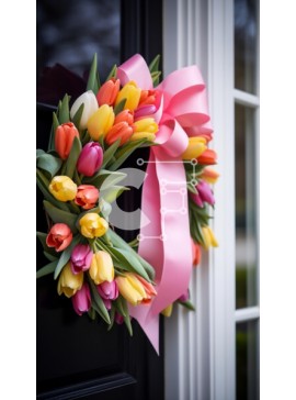 Intra Συλλεκτικό Ξύλινο Παζλ Plywood  4mm - Πολύχρωμο στεφάνι τουλίπας που κρέμεται στην μπροστινή πόρτα Σε Ξύλινο Κουτί - Διαστάσεις Puzzle: 10x10 cm – 25 κομμάτια