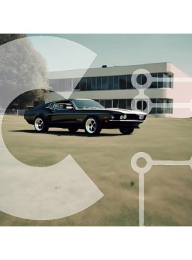 Intra Συλλεκτικό Ξύλινο Παζλ Plywood  4mm - Μαύρο μυϊκό αυτοκίνητο σταθμευμένο μπροστά από το σύγχρονο κτήριο Σε Ξύλινο Κουτί - Διαστάσεις Puzzle: 10x10 cm – 25 κομμάτια