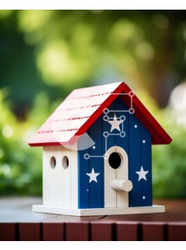 Intra Συλλεκτικό Ξύλινο Παζλ Plywood  4mm - Κόκκινο, λευκό και μπλε Birdhouse με αστέρια σε ξύλινο τραπέζι Σε Ξύλινο Κουτί - Διαστάσεις: 10x10 cm – 25 κομμάτια