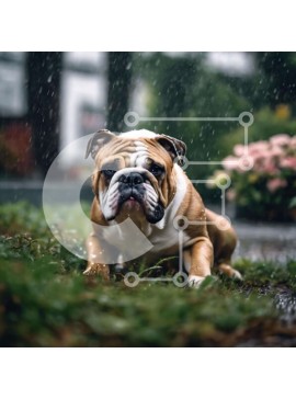 Intra Συλλεκτικό Ξύλινο Παζλ Plywood  4mm - Καφέ και λευκό μπουλντόγκ που παίζουν στη βροχή Σε Ξύλινο Κουτί - Διαστάσεις: 10x10 cm – 25 κομμάτια