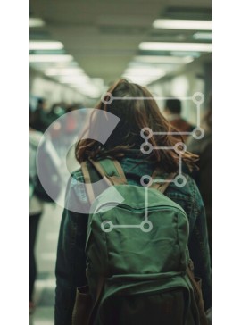 Intra Συλλεκτικό Ξύλινο Παζλ Plywood  4mm - Γυναίκα που περπατά στο διάδρομο με το σακίδιο πλάτης και τους ανθρώπους Σε Ξύλινο Κουτί - Διαστάσεις Puzzle: 10x10 cm – 25 κομμάτια