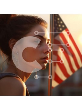 Intra Συλλεκτικό Ξύλινο Παζλ Plywood  4mm - Νεαρή γυναίκα που συλλογίζεται την αμερικανική σημαία Σε Ξύλινο Κουτί - Διαστάσεις Puzzle: 10x10 cm – 25 κομμάτια