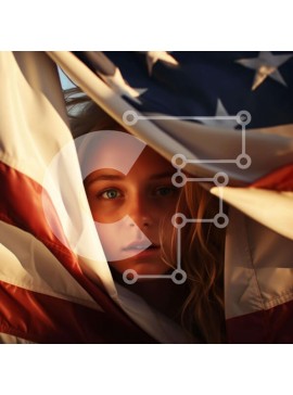 Intra Συλλεκτικό Ξύλινο Παζλ Plywood  4mm - Νεαρή γυναίκα που κρυφοκοιτάζει πίσω από την αμερικανική σημαία Σε Ξύλινο Κουτί - Διαστάσεις Puzzle: 10x10 cm – 25 κομμάτια