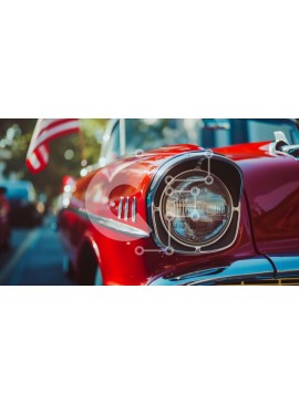 Intra Συλλεκτικό Ξύλινο Παζλ Plywood  4mm - Κόκκινο κλασικό αυτοκίνητο με αμερικανική σημαία Σε Ξύλινο Κουτί - Διαστάσεις Puzzle: 10x10 cm – 25 κομμάτια