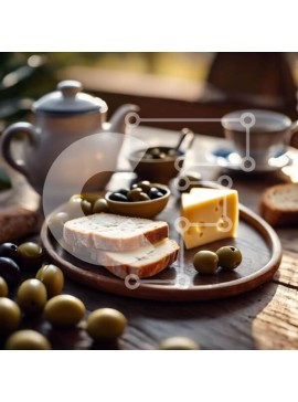 Σετ των 2 Intra Συλλεκτικό Ξύλινο Παζλ Plywood  4mm - Πιάτο με ψωμί, ελιές, τυρί και τσαγιέρα με διάφορα μπολ με φρέσκα φαγητά Σε Ξύλινο Κουτί - Διαστάσεις: 10x10 cm – 25 κομμάτια