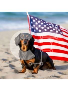 Intra Συλλεκτικό Ξύλινο Παζλ Plywood  4mm - Πατριωτικό σκυλί Dachshund στην παραλία με αμερικανική σημαία Σε Ξύλινο Κουτί - Διαστάσεις Puzzle: 10x10 cm – 25 κομμάτια