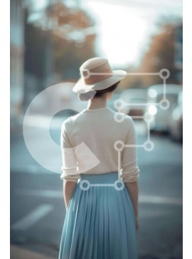 Intra Συλλεκτικό Ξύλινο Παζλ Plywood  4mm - Γυναίκα με κατάλευκο καπέλο και μπλε φούστα στην άκρη του δρόμου Σε Ξύλινο Κουτί - Διαστάσεις Puzzle: 10x10 cm – 25 κομμάτια