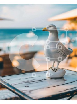 Intra Συλλεκτικό Ξύλινο Παζλ Plywood  4mm - Άγαλμα λευκό γλάρου σε υπαίθριο τραπέζι κοντά στην παραλία Σε Ξύλινο Κουτί - Διαστάσεις: 10x10 cm – 25 κομμάτια