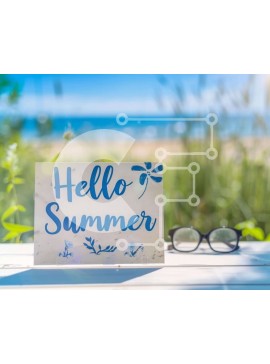 Intra Συλλεκτικό Ξύλινο Παζλ Plywood  4mm - Hello Summer Sign και γυαλιά ηλίου στην παραλία Σε Ξύλινο Κουτί - Διαστάσεις Puzzle: 10x10 cm – 25 κομμάτια