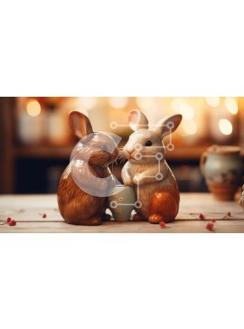 Intra Συλλεκτικό Ξύλινο Παζλ Plywood  4mm - Πασχαλινά ειδώλια κουνελιών σε ξύλινο τραπέζι Σε Ξύλινο Κουτί - Διαστάσεις Puzzle: 10x10 cm – 25 κομμάτια