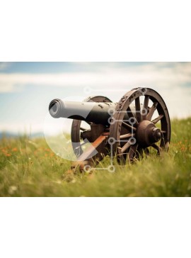 Intra Συλλεκτικό Ξύλινο Παζλ Plywood  4mm - Vintage κανόνι σε χορταριασμένο χωράφι με λουλούδια Σε Ξύλινο Κουτί - Διαστάσεις Puzzle: 10x10 cm – 25 κομμάτια