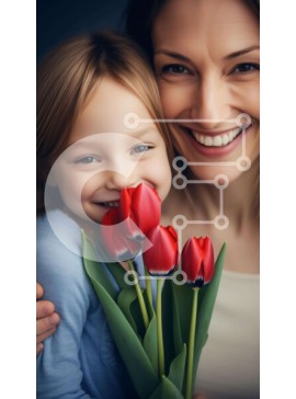 Intra Συλλεκτικό Ξύλινο Παζλ Plywood  4mm - Μητέρα και κόρη με κόκκινες τουλίπες Σε Ξύλινο Κουτί - Διαστάσεις Puzzle: 10x10 cm – 25 κομμάτια