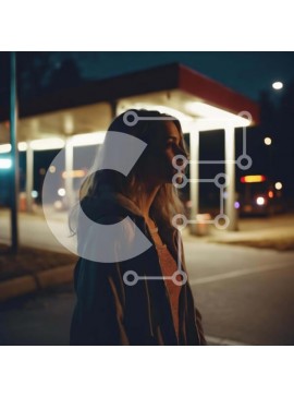 Intra Συλλεκτικό Ξύλινο Παζλ Plywood  4mm - Γυναίκα που στέκεται τη νύχτα δίπλα σε ένα άδειο βενζινάδικο Σε Ξύλινο Κουτί - Διαστάσεις Puzzle: 10x10 cm – 25 κομμάτια