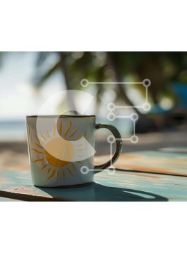 Intra Συλλεκτικό Ξύλινο Παζλ Plywood  4mm - Λευκή κούπα καφέ με σχέδιο ήλιου σε εξωτερικό ξύλινο τραπέζι Σε Ξύλινο Κουτί - Διαστάσεις: 10x10 cm – 25 κομμάτια