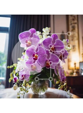 Intra Συλλεκτικό Ξύλινο Παζλ Plywood  4mm - Μωβ και λευκές ορχιδέες σε γυάλινο βάζο σε ξύλινο τραπέζι Σε Ξύλινο Κουτί - Διαστάσεις Puzzle: 10x10 cm – 25 κομμάτια