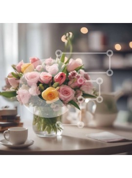 Intra Συλλεκτικό Ξύλινο Παζλ Plywood  4mm - Γυάλινο βάζο με τριαντάφυλλα και φλιτζάνι καφέ στο τραπέζι Σε Ξύλινο Κουτί - Διαστάσεις Puzzle: 10x10 cm – 25 κομμάτια