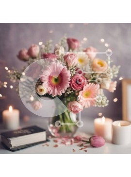 Intra Συλλεκτικό Ξύλινο Παζλ Plywood  4mm - Γυάλινο βάζο με ροζ και λευκά λουλούδια και κεριά Σε Ξύλινο Κουτί - Διαστάσεις Puzzle: 10x10 cm – 25 κομμάτια