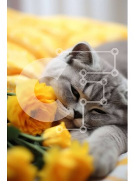 Σετ των 2 Intra Συλλεκτικό Ξύλινο Παζλ Plywood  4mm - Γκρίζα γάτα που στηρίζεται σε κίτρινα λουλούδια Σε Ξύλινο Κουτί - Διαστάσεις: 10x10 cm – 25 κομμάτια