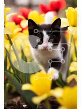 Σετ των 2 Intra Συλλεκτικό Ξύλινο Παζλ Plywood  4mm - Ασπρόμαυρη γάτα που τρέχει μέσα από το πεδίο με τις κίτρινες τουλίπες Σε Ξύλινο Κουτί - Διαστάσεις: 10x10 cm – 25 κομμάτια