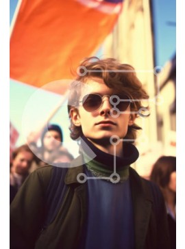 Intra Συλλεκτικό Ξύλινο Παζλ Plywood  4mm - Νεαρός άνδρας με γυαλιά ηλίου που κρατούν την πορτοκαλί σημαία στο πλήθος Σε Ξύλινο Κουτί - Διαστάσεις Puzzle: 10x10 cm – 25 κομμάτια