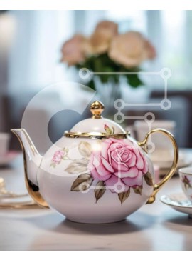 Σετ των 2 Intra Συλλεκτικό Ξύλινο Παζλ Plywood  4mm - Λευκή τσαγιέρα και φλιτζάνια στο τραπέζι με ροζ τριαντάφυλλο Σε Ξύλινο Κουτί - Διαστάσεις: 10x10 cm – 25 κομμάτια